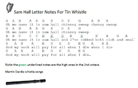 Sam Hall Letter Notes For Tin Whistle