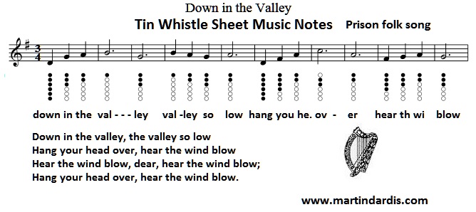 Down in the valley sheet music for tin whistle