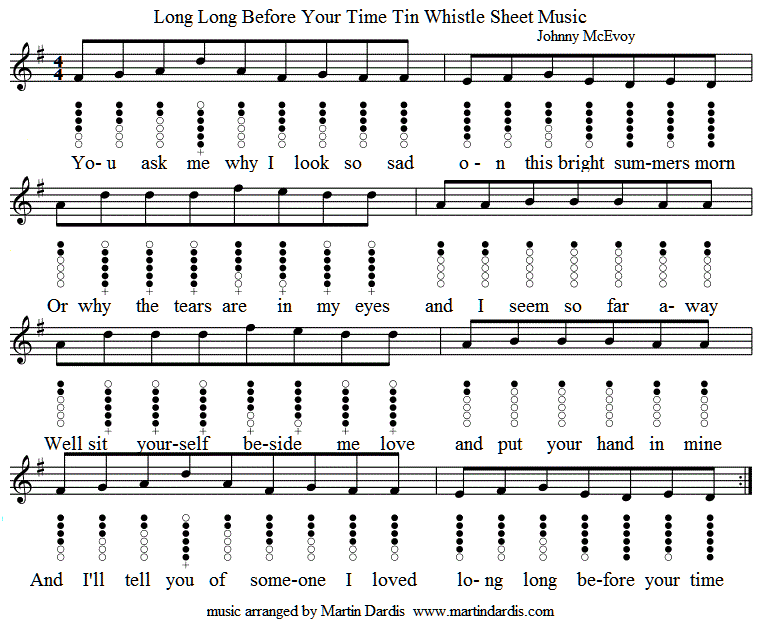 Long before your time tin whistle sheet music 